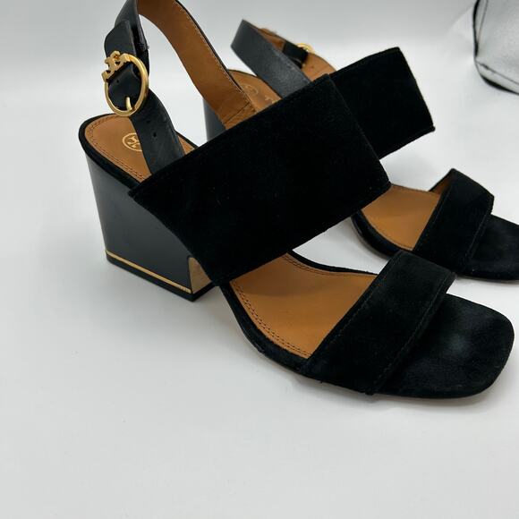 Tory Burch Selby Slingback Wedge Sandals 7.5 Black Suede Leather Gold Buckle - Picture 14 of 16
